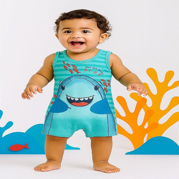 macaquinho infantil bebê masculino Tubarão 100% algodão várias cores tamanhos PB a GGB