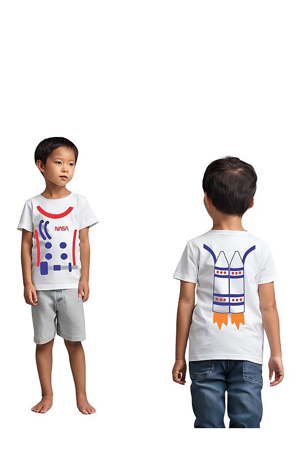 camiseta astronauta infantil unissex branca 100% algodão frente e costas 4 a 10 anos