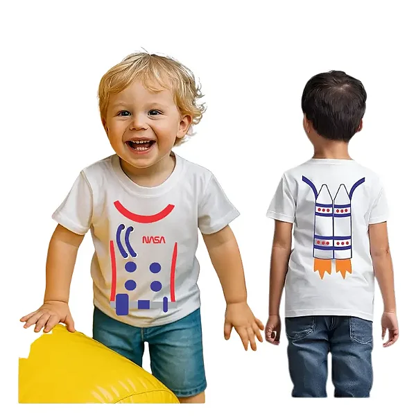 camiseta infantil menino branca 100% algodão astronauta frente costas tamanhos 4 a 10 anos