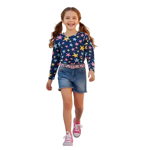 blusa manga longa infantil azul feminina estampa estrelas colorida algodão tamanhos 8 e 10 anos