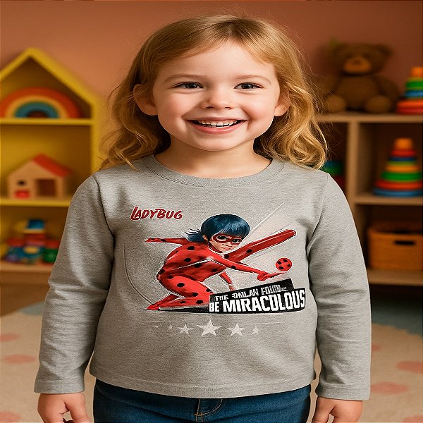 roupa da ladybug infantil menina blusa manga longa com glitter cinza tamanho 6 anos