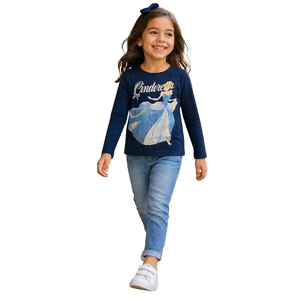 blusa manga longa infantil menina cinderela malha algodão confortável azul tamanhos 6 e 8 anos
