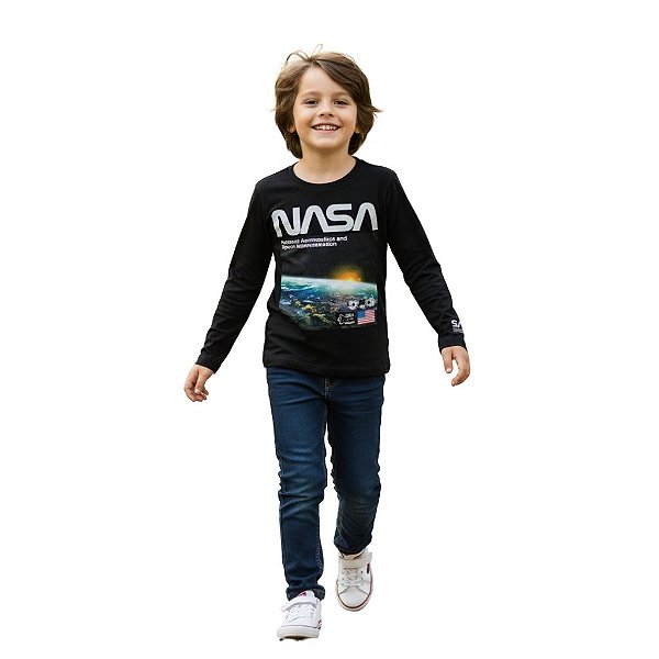camiseta manga longa menino nasa algodão toque macio várias cores tamanhos 4 a 10 anos