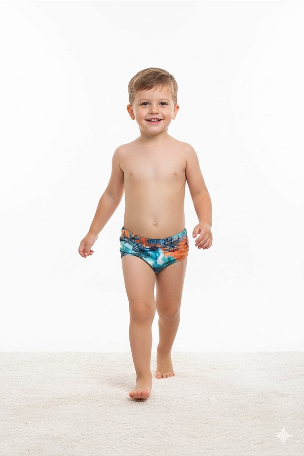 sunga de praia infantil menino coqueiros resistente e durável proteção UV 50 + tamanhos 1 a 4 anos