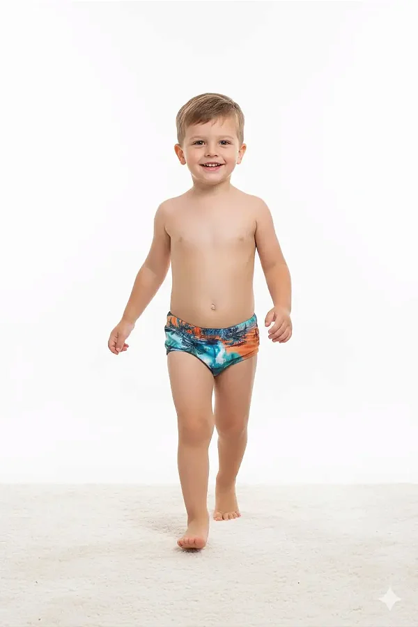 sunga infantil menino estampa coqueiros resistente durável proteção UV 50 + tamanhos 1 a 4 anos