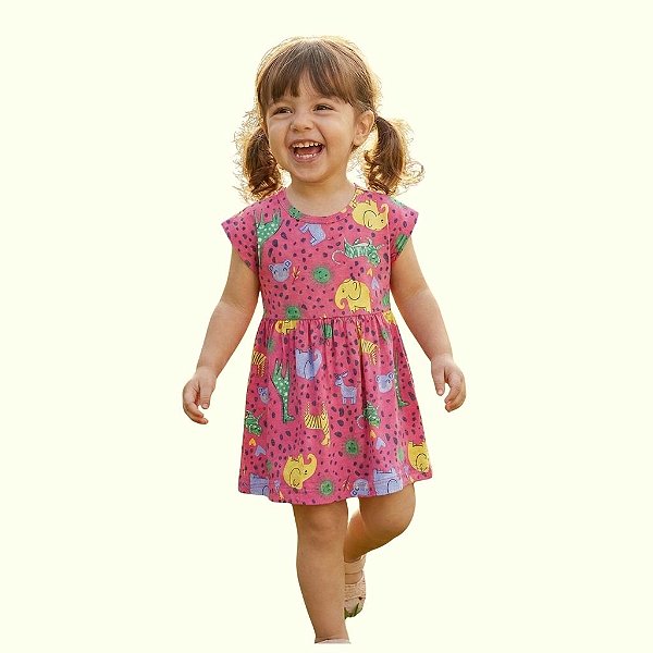 vestido infantil menina animal print pink malha algodão agradável para verão tamanhos 2 e 3 anos