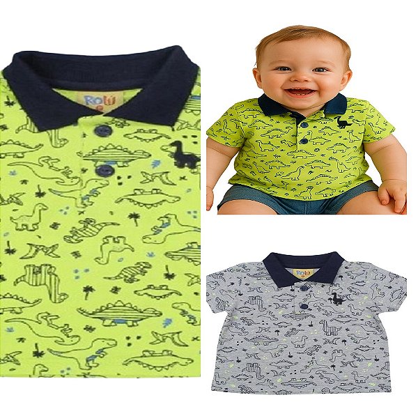 camisa polo bebe dinossauros manga curta meia malha algodão várias cores tamanhos P e M bebê