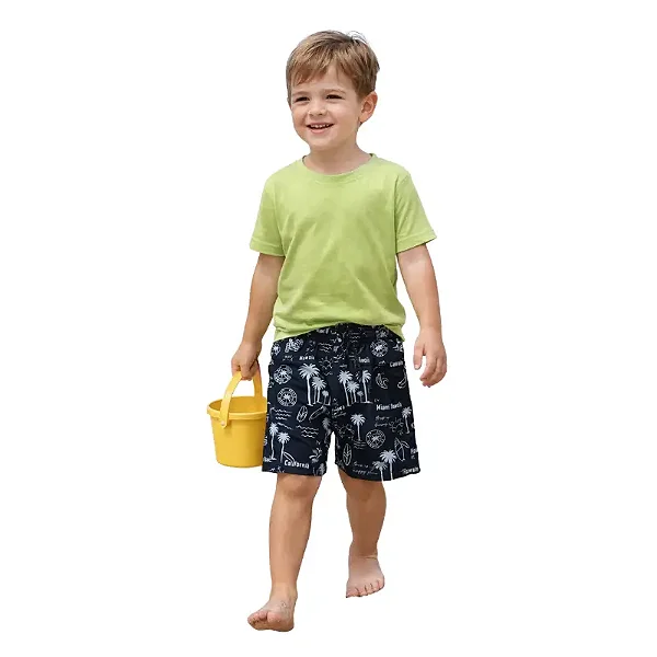 bermuda infantil menino tactel preto estampada atmosfera praiana tamanhos 4 e 8