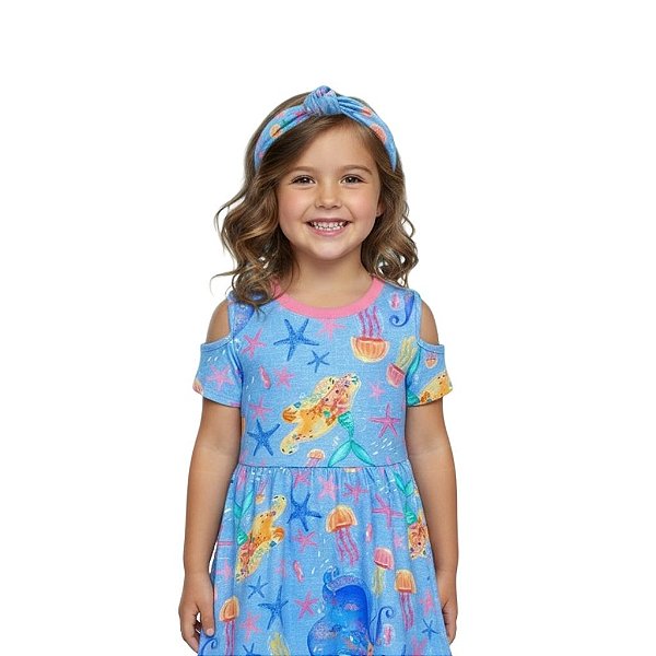 vestido fundo do mar infantil menina azul malha algodão com faixa de cabelo tamanhos de 2 a 10 anos
