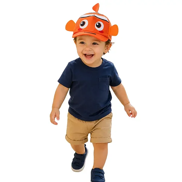 boné bebê menino peixinho laranja divertido poliéster ajuste velcro tamanhos 1 a 3 anos