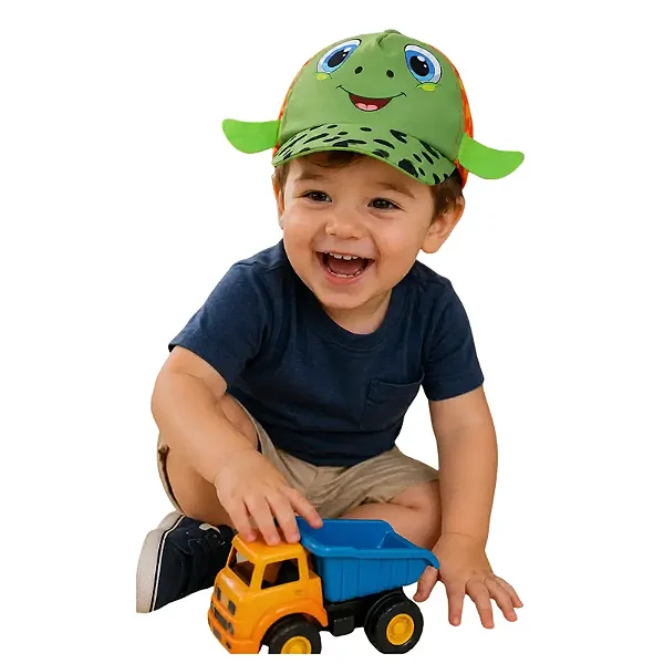 boné bebê menino tartaruga verde laranja poliéster ajuste regulável velcro tamanhos 1 e 3 anos