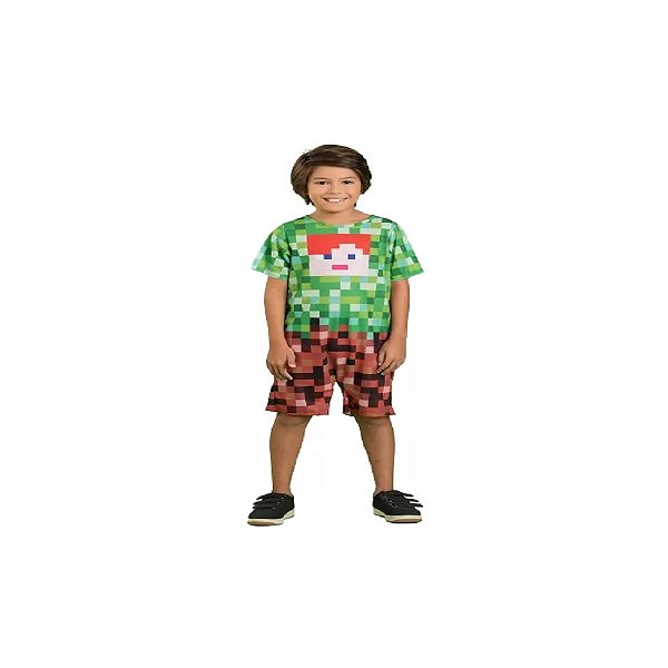 fantasia macacão game craft infantil poliéster sublimado verde e marrom 4 a 8 anos