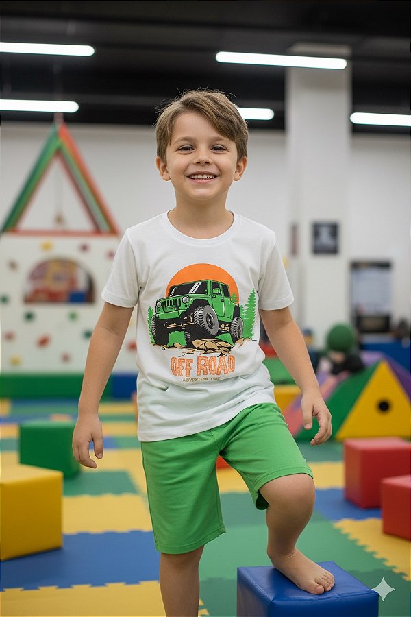 conjunto infantil menino carro jeep bermuda verde e camiseta branca tamanhos 2 a 10 anos