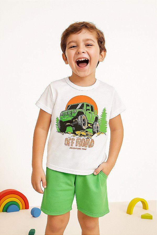 conjunto infantil menino carro jeep bermuda verde e camiseta branca tamanhos 2 a 10 anos