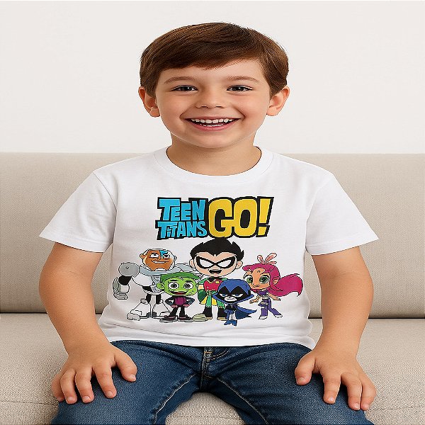 camiseta infantil jovens titãs ação algodão estampa personagens da animação branca nos tamanhos 4 a 10 anos