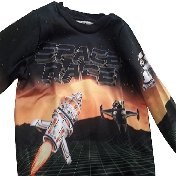blusão de moletom infantil menino felpado e sublimado estampa corrida espacial preto tamanhos 2 a 8 anos
