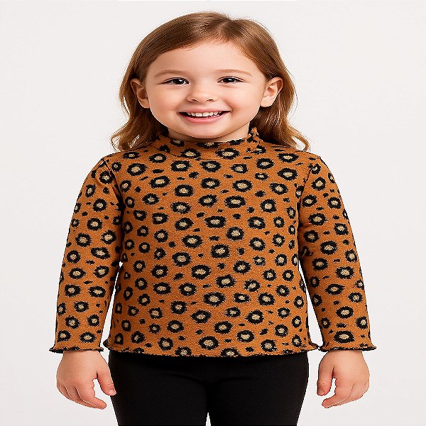 blusa infantil feminina animal print onça manga longa marrom tamanho 2 anos