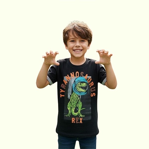 camiseta dinossauro infantil menino tyrannosaurus rex preto algodão tamanhos 2 a 10 anos