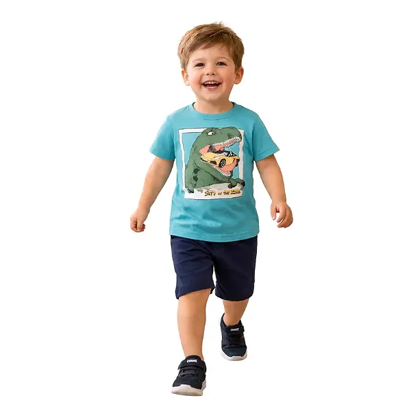 conjunto infantil dinossauro menino camisetas azul e laranja bermuda preto 100% algodão tamanhos 2 e 3 anos