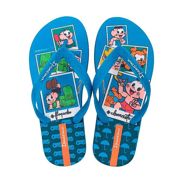 chinelo infantil menino turma da monica ipanema estampa divertida azul com verde nos tamanhos de 23 a 32