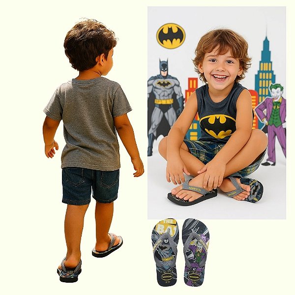 chinelo infantil menino Batman e Coringa cinza solado tradicional tamanhos 27 a 36