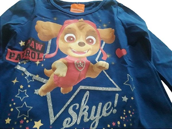 blusa skye patrulha canina manga longa algodão macia estampa alto relevo com glitter várias cores nos tamanho 1 ano