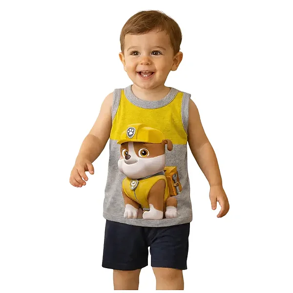 regata infantil menino patrulha canina rubble malha algodão mescla amarelo tamanhos 1 e 2 anos