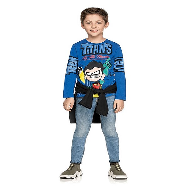 camiseta infantil jovens titãs robin manga longa malha algodão várias cores e tamanhos 4 e 6 anos