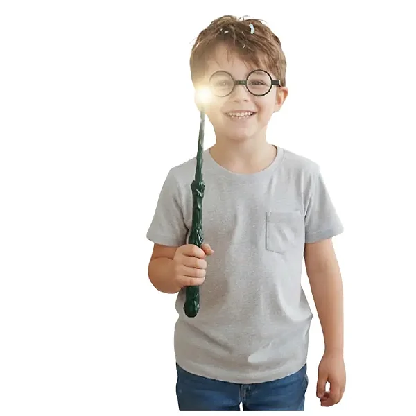 kit de magia infantil estilo harry potter varinha magica luz som armação oculos preto festa temática