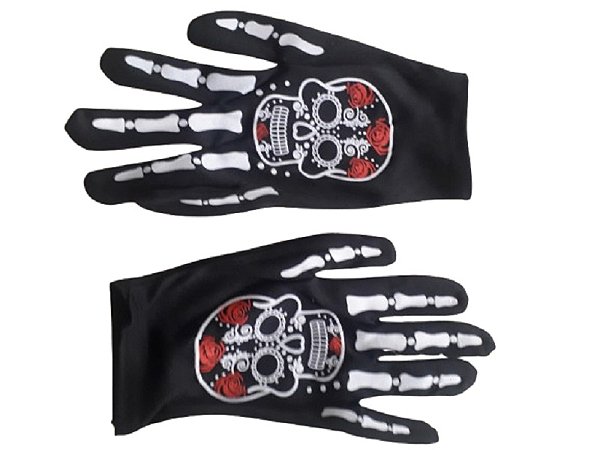 luva de caveira mexicana halloween preta em poliéster tamanho P
