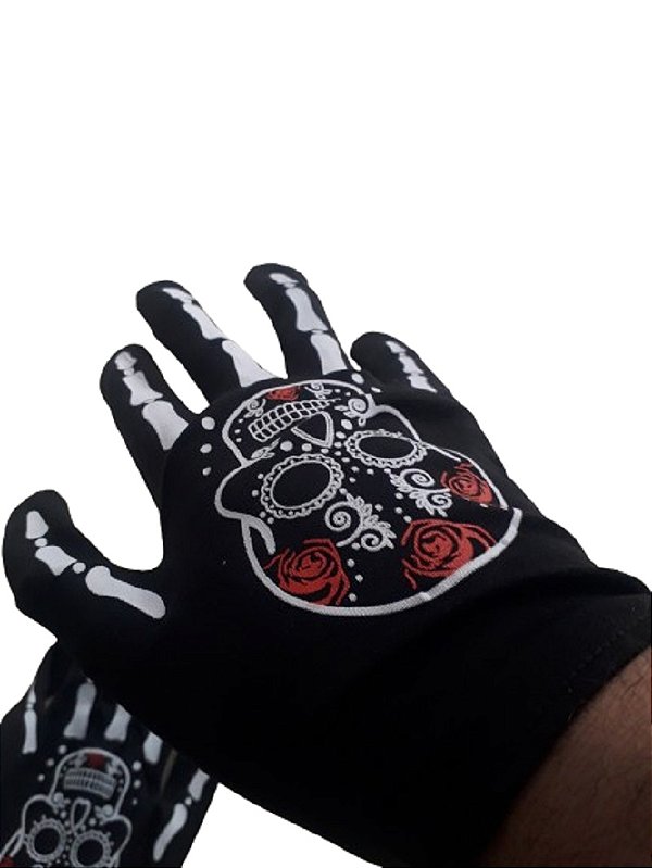 luva de caveira mexicana esqueleto halloween preta poliéster tecido leve macio tamanho P