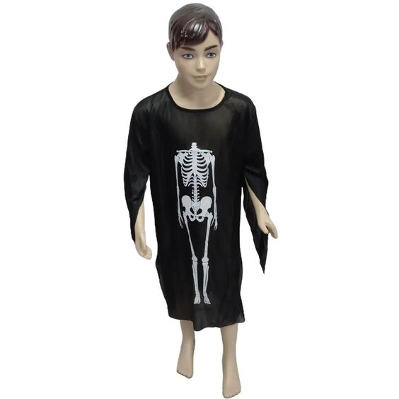 capa esqueleto infantil halloween túnica para fantasia poliéster preta tamanho 70cm