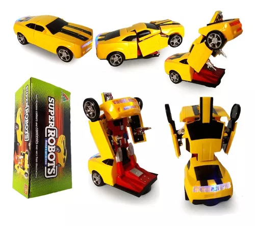 carrinho brinquedo transformers amarelo vira robô tem som musical bate e volta a pilha