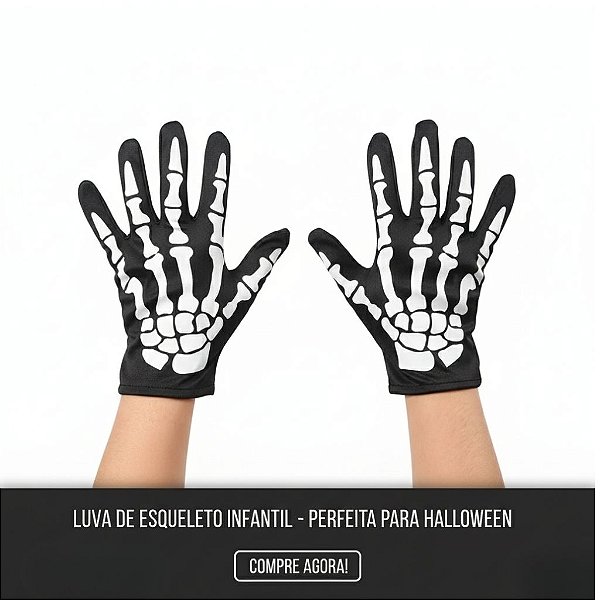 luva preta halloween infantil adulto caveira esqueleto ossos festa fantasia tamanho único 11 cm x 22 cm