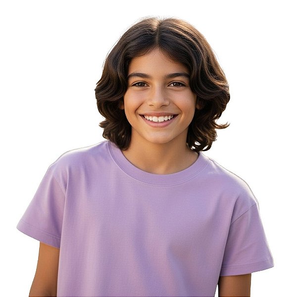 camiseta lilás infantil lisa unissex manga curta 100% algodão confortável tamanhos 10 e 12 anos