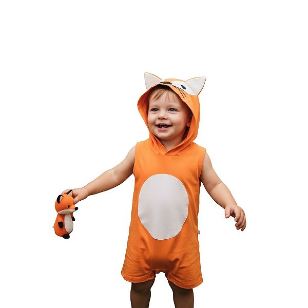 fantasia infantil de raposa menino macacão 100% algodão capuz aplique rabinho tamanhos 1 e 3 anos