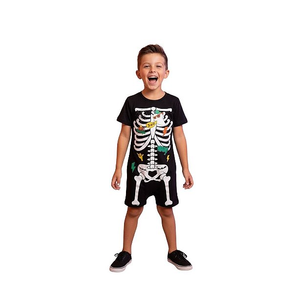 fantasia de halloween infantil menino estampa esqueleto macacão 100% algodão tamanhos 1 a 10 anos