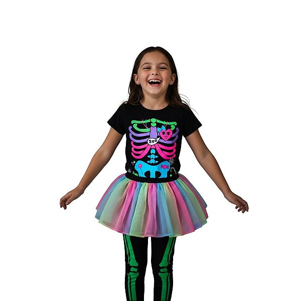 fantasia infantil menina halloween conjunto esqueleto neon blusa legging saia tule tamanhos 1 a 10 anos