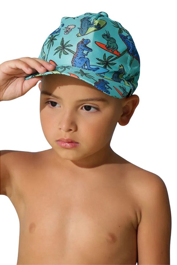 boné infantil dinossauro menino com proteção UV 50 + verde em poliéster 4 a 8 anos
