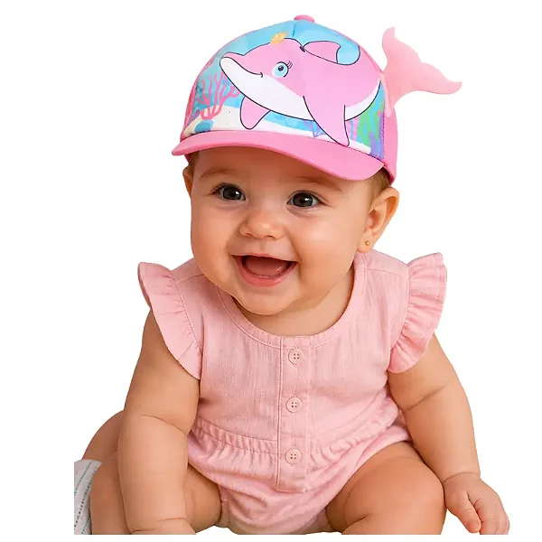 boné bebê menina boto rosa microfibra poliéster estampa divertida ajuste velcro 0 a 6 meses