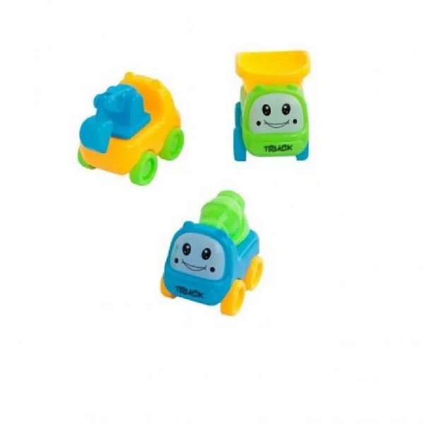 kit 3 mini caminhão construção brinquedo coloridos com carinhas divertidas para bebê