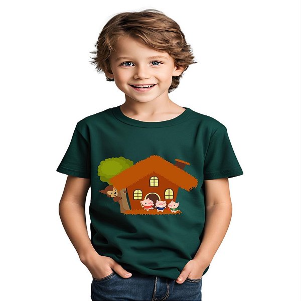 camiseta tres porquinhos com lobo mau infantil unissex 100% algodão várias cores tamanhos 2 a 16