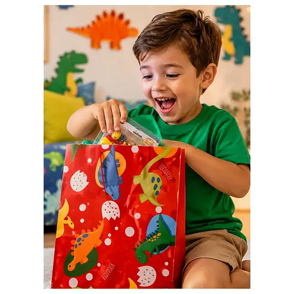 saco de presente laminado dino baby para festa temática infantil tamanho 20 x 29 cm