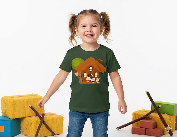camiseta três porquinhos com lobinho unissex infantil 100% algodão verde escuro tamanhos 2 a 6 anos