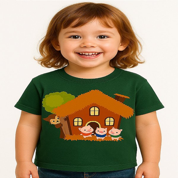 camiseta três porquinhos com lobinho unissex infantil 100% algodão verde escuro tamanhos 2 a 6 anos