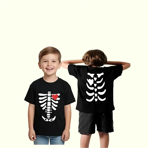 camiseta esqueleto halloween infantil unissex algodão frente e costas tamanhos 2 a 8 anos