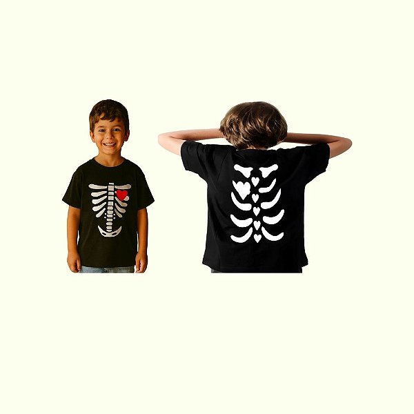 camiseta esqueleto halloween infantil unissex algodão frente e costas tamanhos 2 a 8 anos
