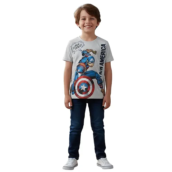 camiseta infantil capitão américa menino cinza mescla malha algodão confortável tamanhos 4 a 10 anos