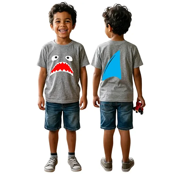 camiseta infantil menino tubarão mescla festa temática frente costas algodão tamanhos 2 a 10 anos