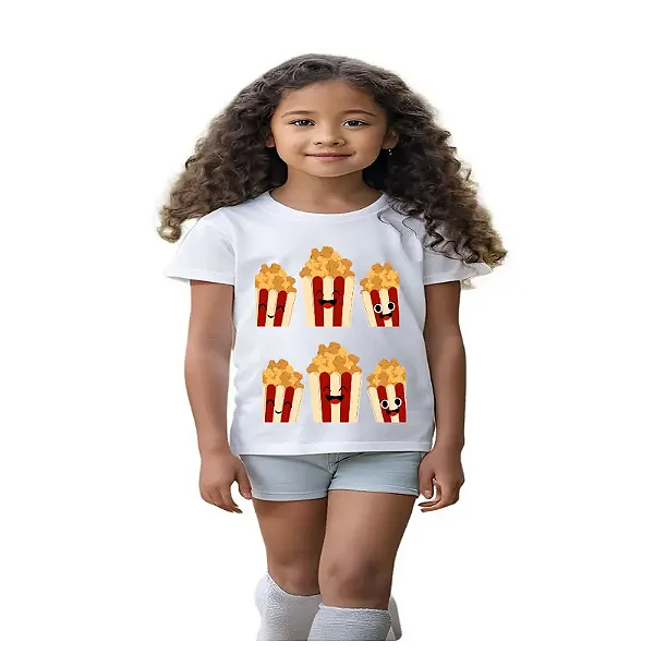 camiseta infantil customizada pipoca divertida 100% algodão confortável tamanhos 2 a 10